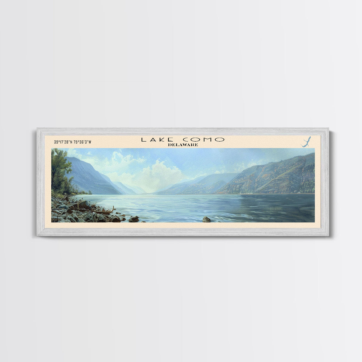 Lake Como Delaware Framed Canvas Print, Lake House Decor, Panoramic Wall Art, Travel Poster, Stunning Lake Painting, Nature Art