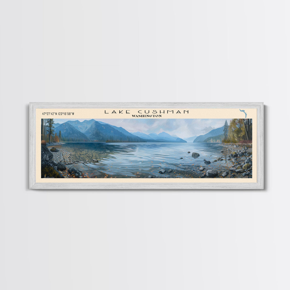 Lake Cushman Washington Framed Canvas Print, Lake House Decor, Panoramic Wall Art, Travel Poster, Stunning Lake Painting, Home Art