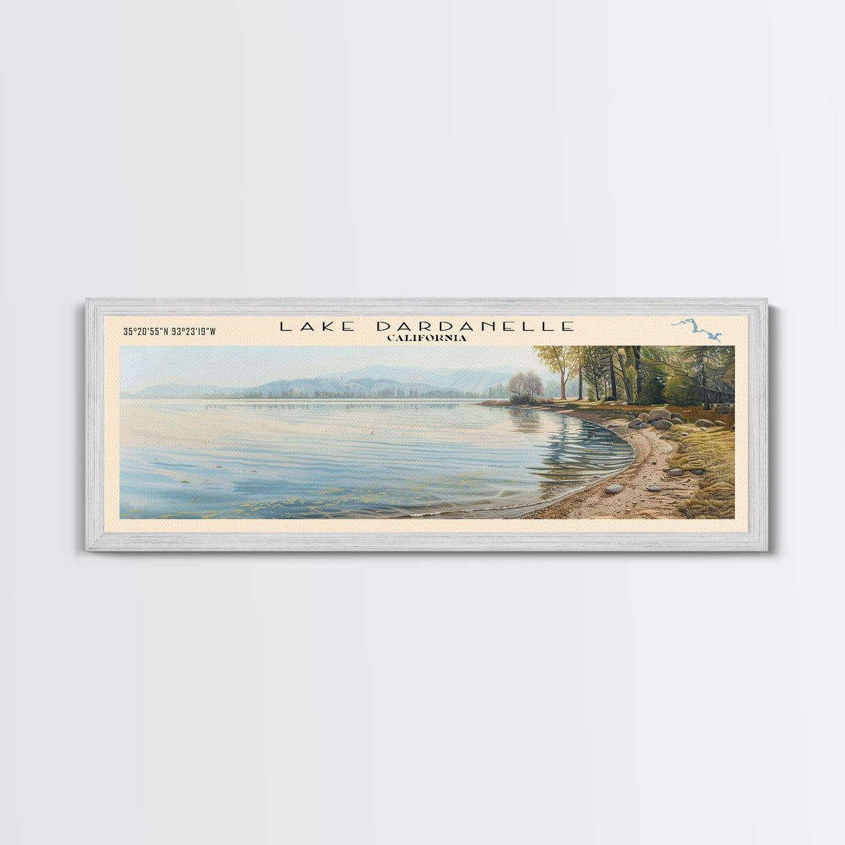 Lake Dardanelle California Framed Canvas Print, Lake House Decor, Panoramic Wall Art, Travel Poster, Scenic Landscape Painting, Nature Art