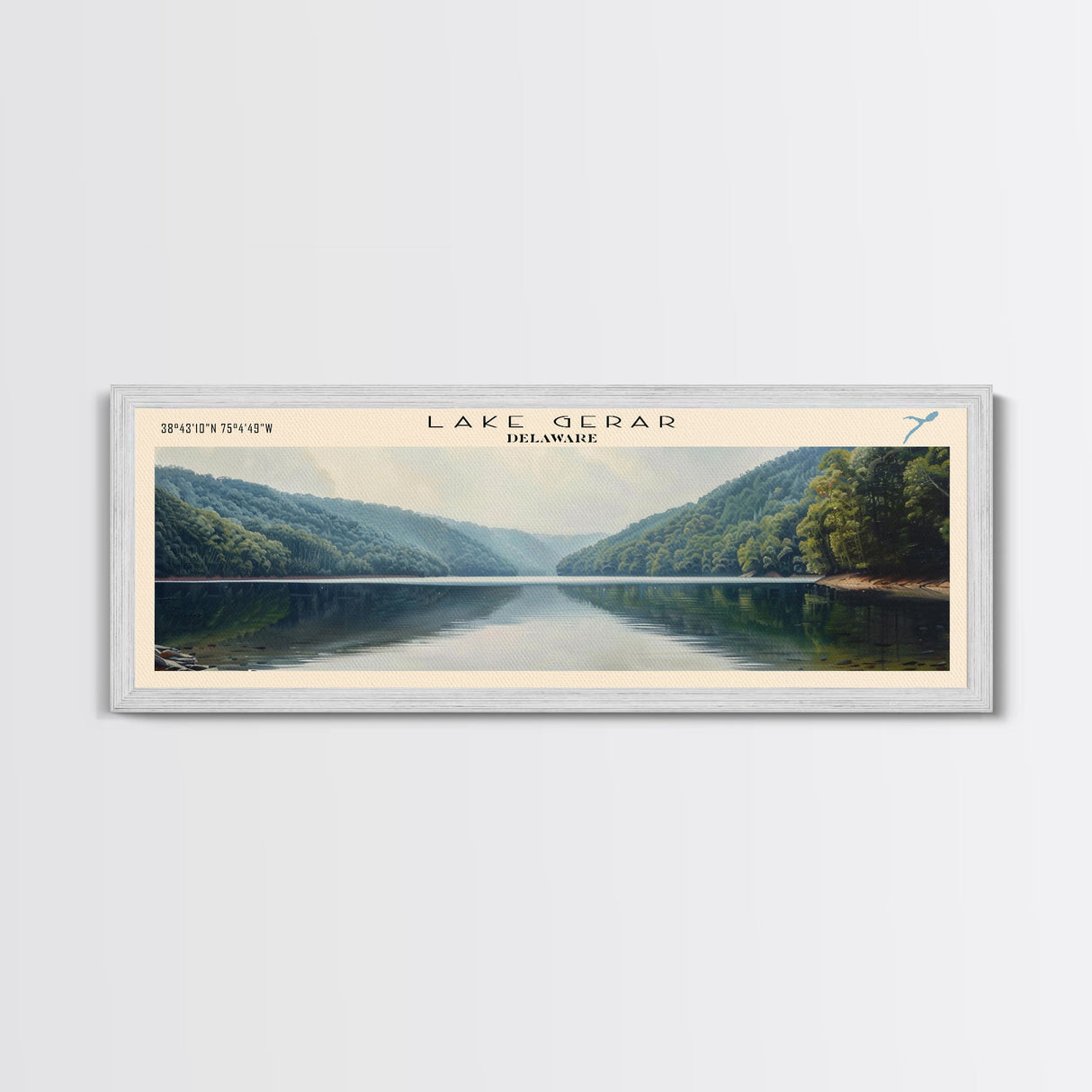 Lake Gerar Delaware Framed Canvas Print, Lake House Decor, Panoramic Wall Art, Travel Poster, Beautiful Lake Painting, Home Art