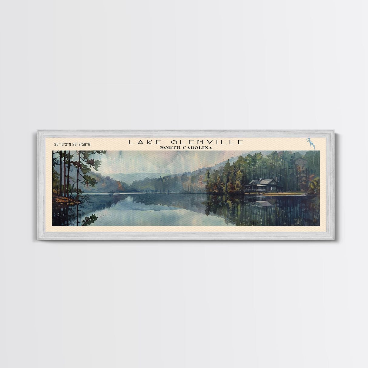 Lake Glenville North Carolina Framed Canvas Print, Lake House Decor, Panoramic Wall Art, Travel Poster, Scenic Lake Painting, Nature Art