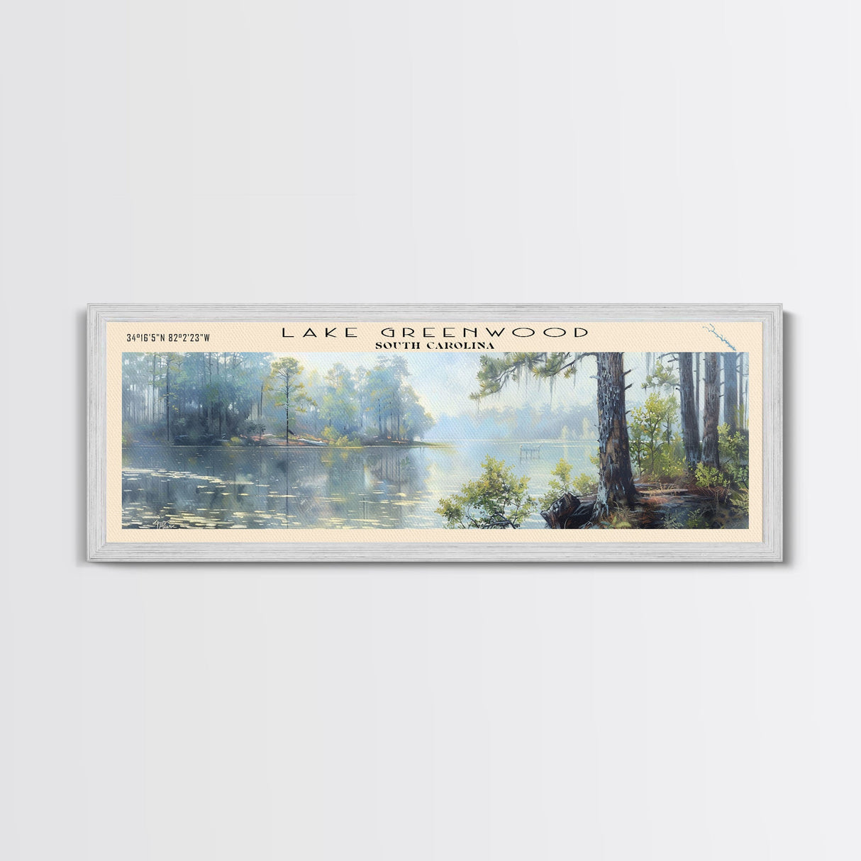 Lake Greenwood South Carolina Framed Canvas Print, Lake House Decor, Panoramic Wall Art, Travel Poster, Scenic Landscape Painting, Nature Art