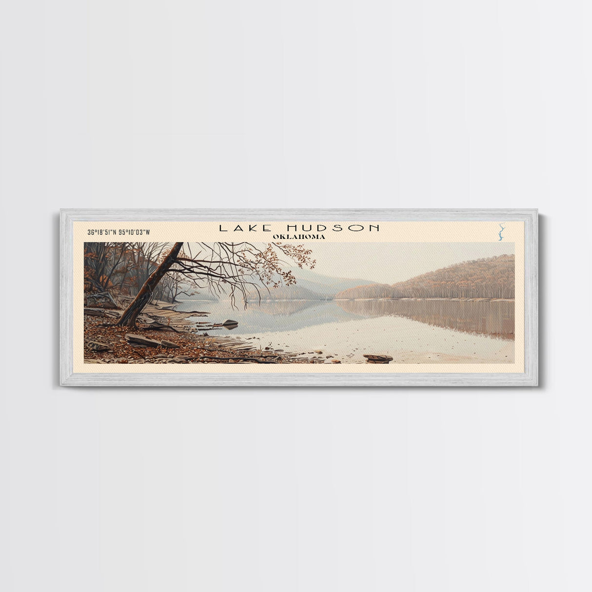 Lake Hudson Oklahoma Framed Canvas Print, Lake House Decor, Panoramic Wall Art, Travel Poster, Serene Lake Painting, Nature Art