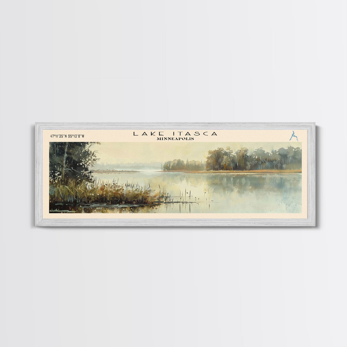 Lake Itasca Minneapolis Framed Canvas Print, Lake House Decor, Panoramic Wall Art, Travel Poster, Serene Lake Painting, Nature Art