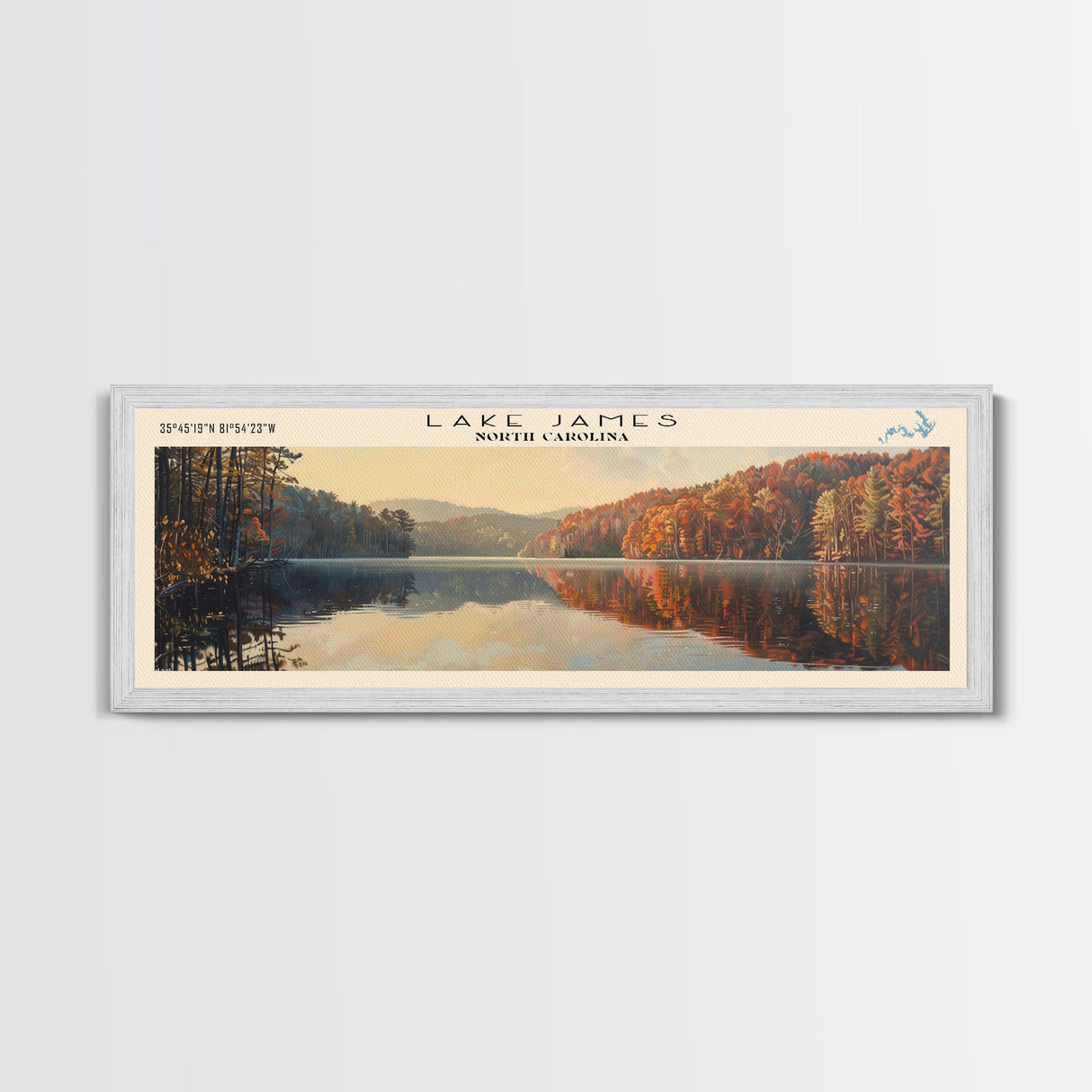 Lake James North Carolina Framed Canvas Print, Lake House Decor, Panoramic Wall Art, Travel Poster, Scenic Lake Painting, Nature Art