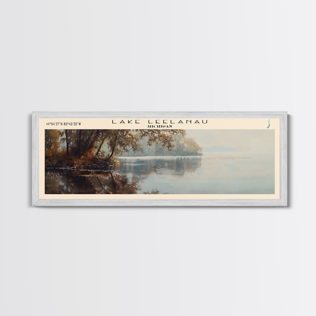 Lake Leelanau Michigan Framed Canvas Print, Lake House Decor, Panoramic Wall Art, Travel Poster, Serene Waterscape Painting, Rustic Art