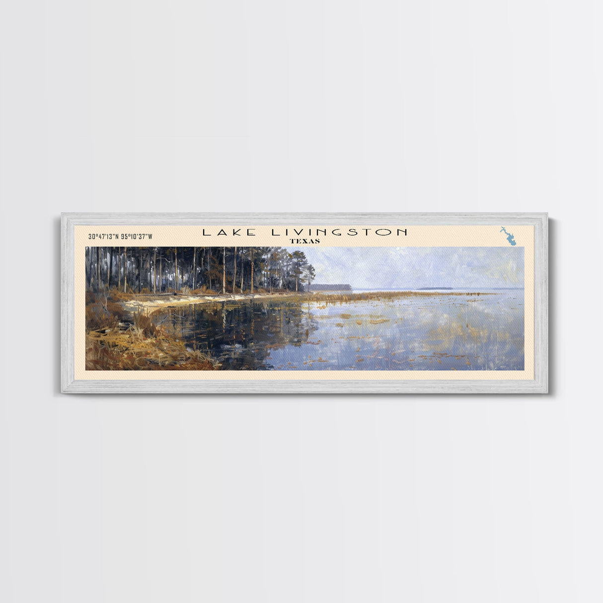 Lake Livingston Texas Framed Canvas Print, Lake House Decor, Panoramic Wall Art, Travel Poster, Scenic Lakeside Painting, Nature Print