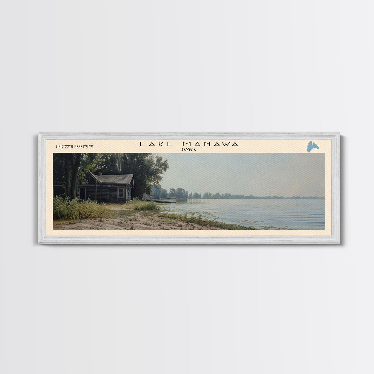 Lake Manawa Iowa Framed Canvas Print, Lake House Decor, Panoramic Wall Art, Travel Poster, Scenic Lake Painting, Rustic Art