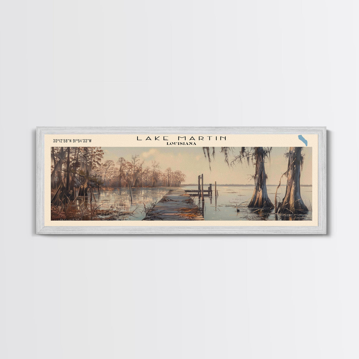 Lake Martin Louisiana Framed Canvas Print, Lake House Decor, Panoramic Wall Art, Travel Poster, Stunning Lake Painting, Rustic Art