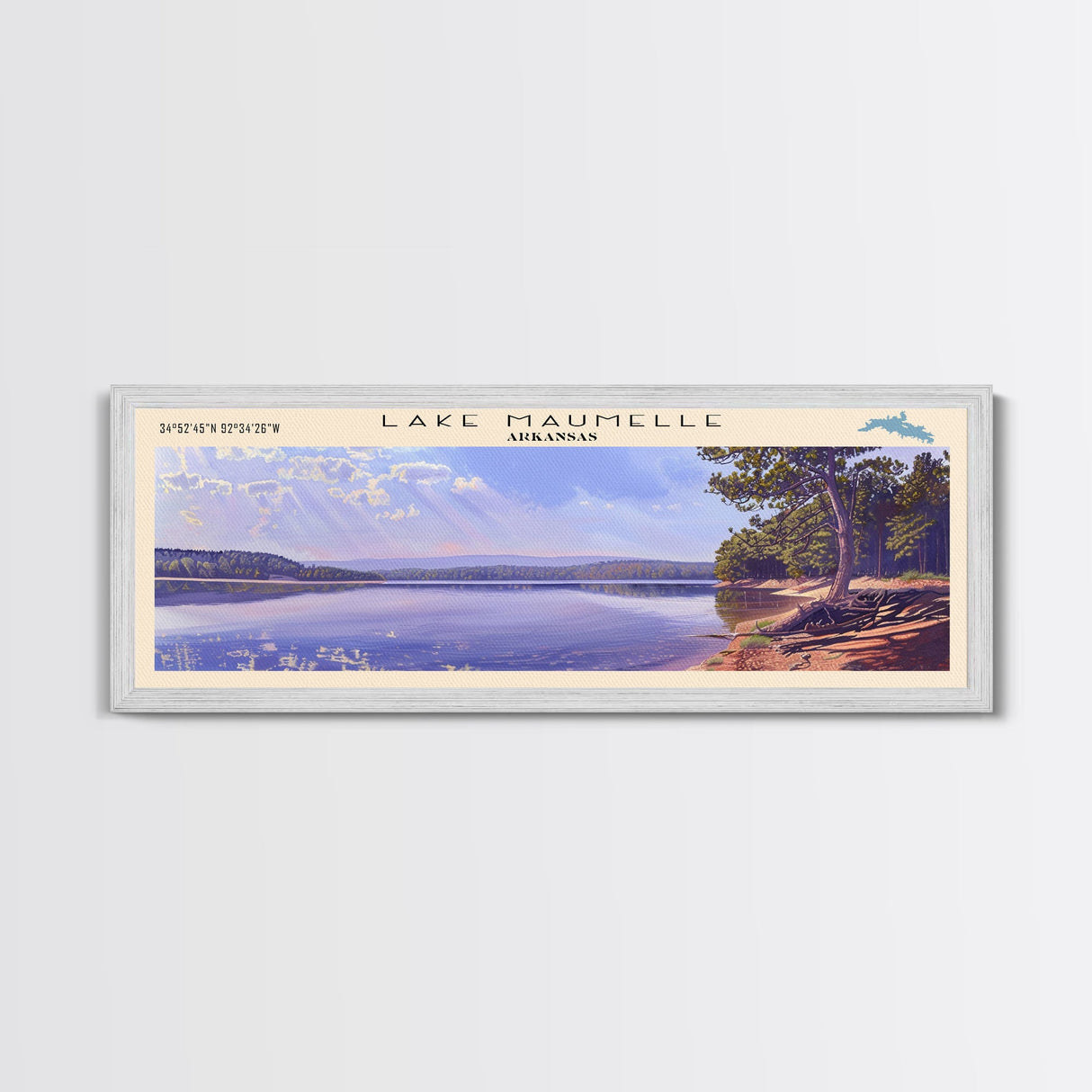 Lake Maumelle Arkansas Framed Canvas Print, Lake House Decor, Panoramic Wall Art, Travel Poster, Scenic Lakeside Painting, Coastal Art