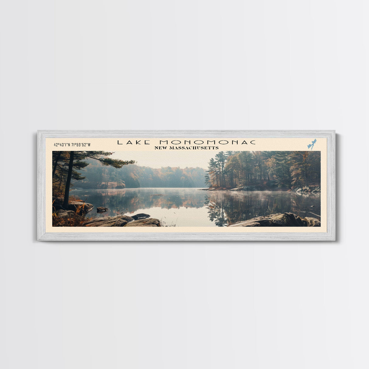 Lake Monomonac Massachusetts Framed Canvas Print, Lake House Decor, Panoramic Wall Art, Travel Poster, Stunning Landscape Painting, Living Room Decor