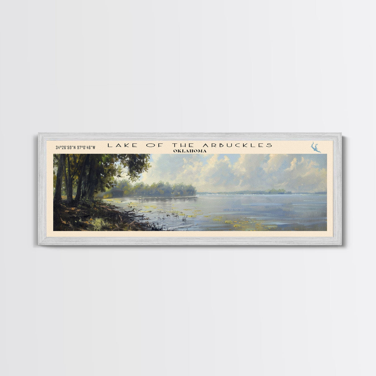 Lake Of The Arbuckles Oklahoma Framed Canvas Print, Lake House Decor, Panoramic Wall Art, Travel Poster, Scenic Landscape Painting, Bedroom Decor