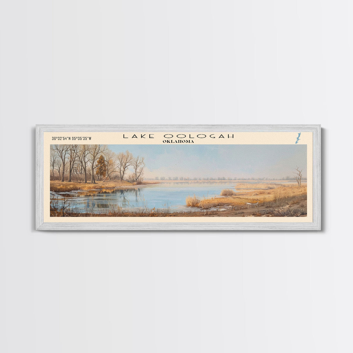 Lake Oologah Oklahoma Framed Canvas Print, Lake House Decor, Panoramic Wall Art, Travel Poster, Serene Landscape Painting, Bedroom Decor