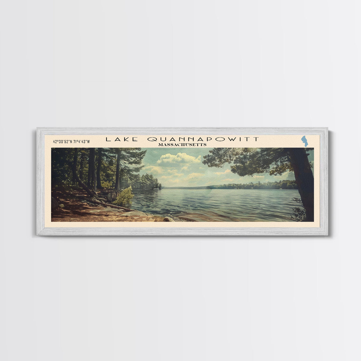 Lake Quannapowitt Massachusetts Framed Canvas Print, Lake House Decor, Panoramic Wall Art, Travel Poster, Scenic Landscape Painting, Contemporary Art