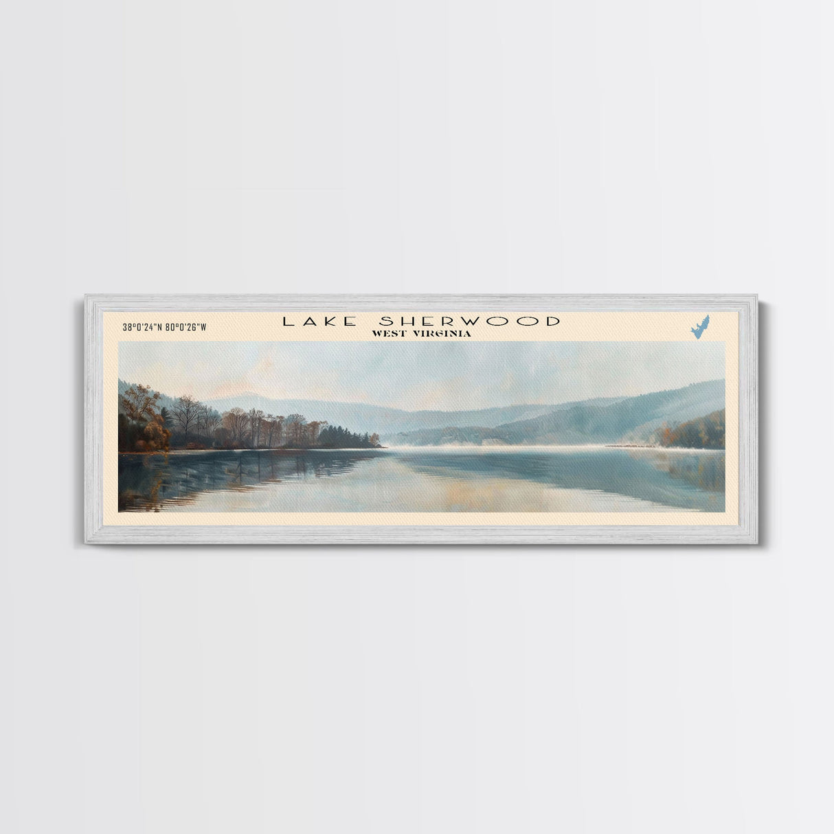 Lake Sherwood West Virginia Framed Canvas Print, Lake House Decor, Panoramic Wall Art, Travel Poster, Serene Landscape Painting, Living Room Decor