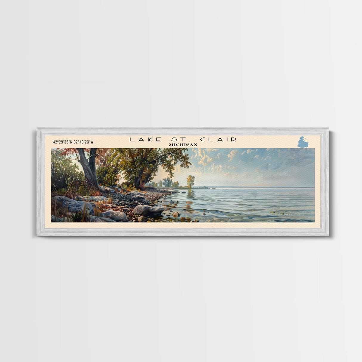 Lake St. Clair Michigan Framed Canvas Print, Lake House Decor, Panoramic Wall Art, Travel Poster, Serene Landscape Painting, Rustic Art