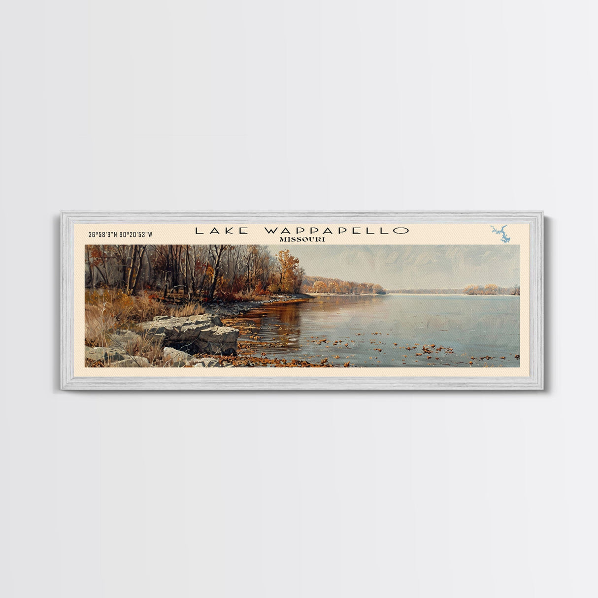 Lake Wappapello Missouri Framed Canvas Print, Lake House Decor, Panoramic Wall Art, Travel Poster, Scenic Landscape Painting, Contemporary Art