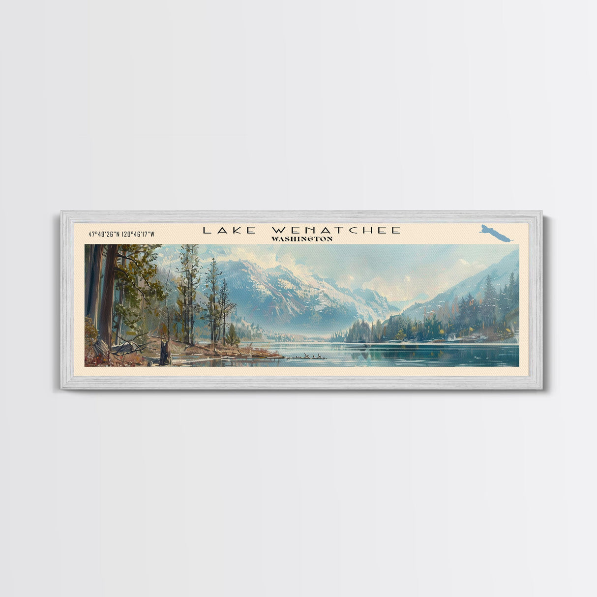 Lake Wenatchee Washington Framed Canvas Print, Lake House Decor, Panoramic Wall Art, Travel Poster, Landscape Painting, Contemporary Art