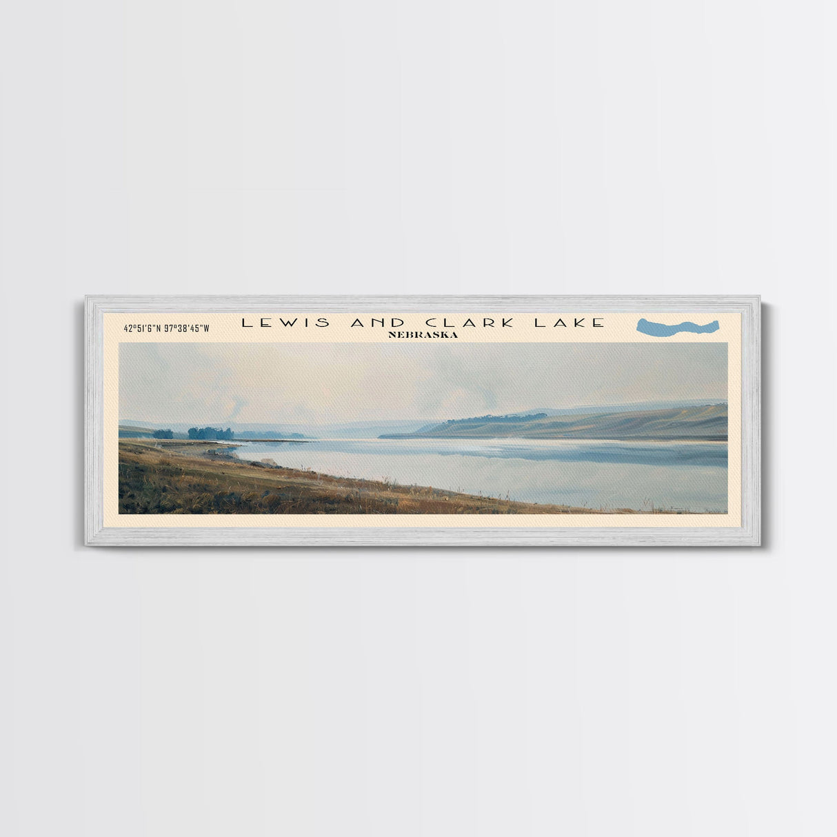 Lewis And Clark Lake Nebraska Framed Canvas Print, Lake House Decor, Panoramic Wall Art, Travel Poster, Scenic Landscape Painting, Contemporary Art