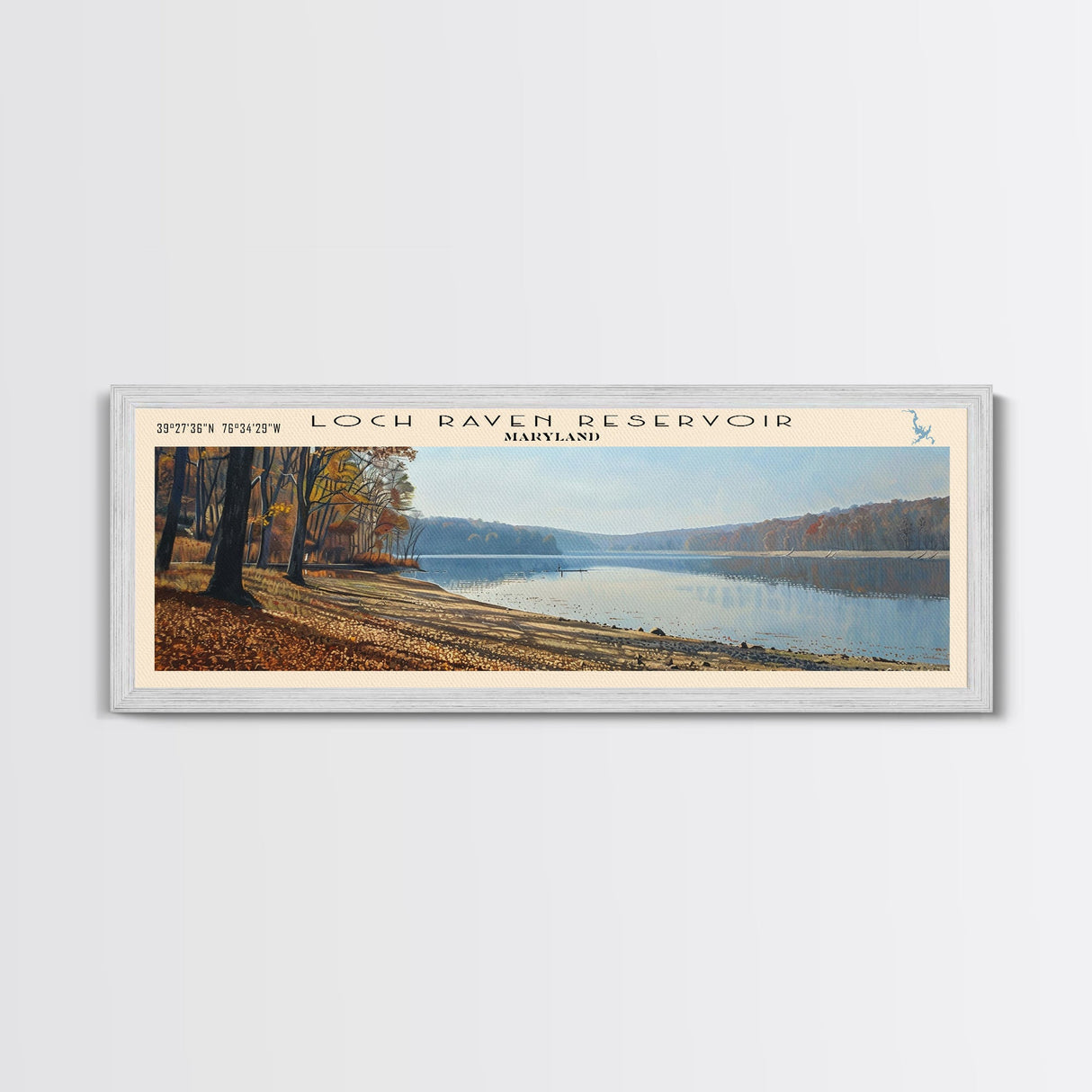 Loch Raven Reservoir Maryland Framed Canvas Print, Lake House Decor, Panoramic Wall Art, Travel Poster, Landscape Painting, Contemporary Art