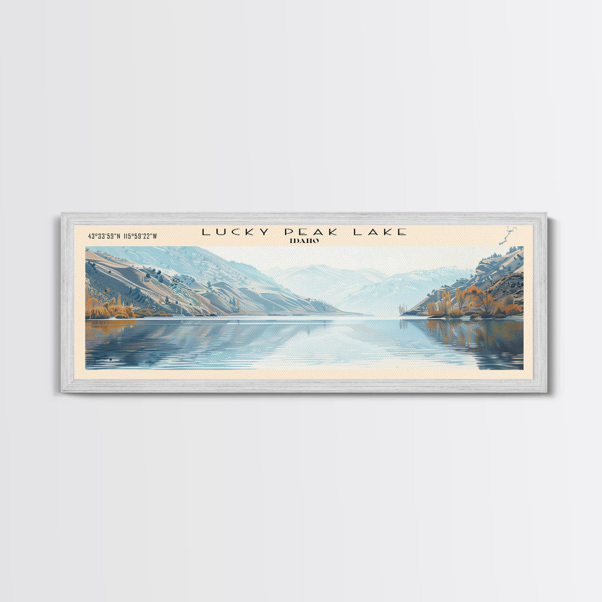 Lucky Peak Lake Idaho Framed Canvas Print, Lake House Decor, Panoramic Wall Art, Travel Poster, Landscape Painting, Modern Art