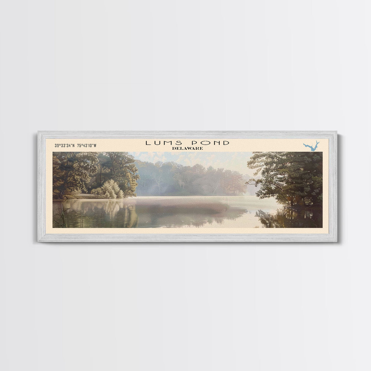 Lums Pond Delaware Framed Canvas Print, Lake House Decor, Panoramic Wall Art, Travel Poster, Scenic Landscape Painting, Contemporary Art