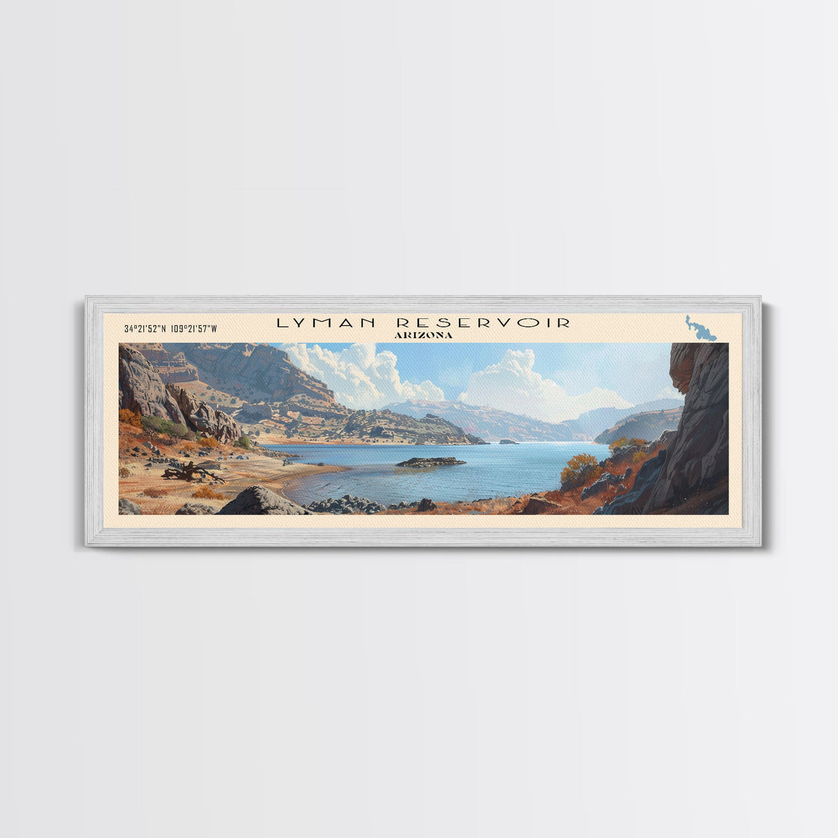 Lyman Reservoir Arizona Framed Canvas Print, Lake House Decor, Panoramic Wall Art, Travel Poster, Beautiful Landscape Painting, Rustic Art