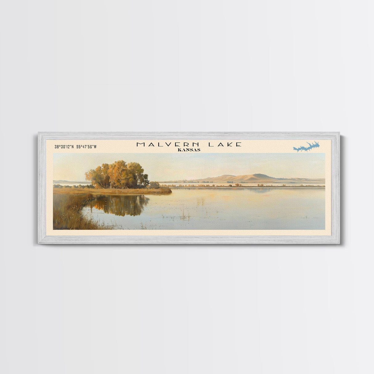 Malvern Lake Kansas Framed Canvas Print, Lake House Decor, Panoramic Wall Art, Travel Poster, Landscape Painting, Bedroom Decor