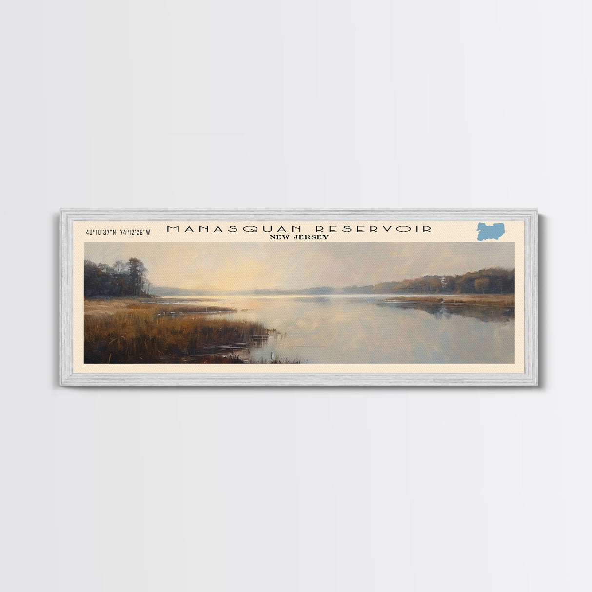 Manasquan Reservoir New Jersey Framed Canvas Print, Lake House Decor, Panoramic Wall Art, Travel Poster, Beautiful Landscape Painting, Modern Art