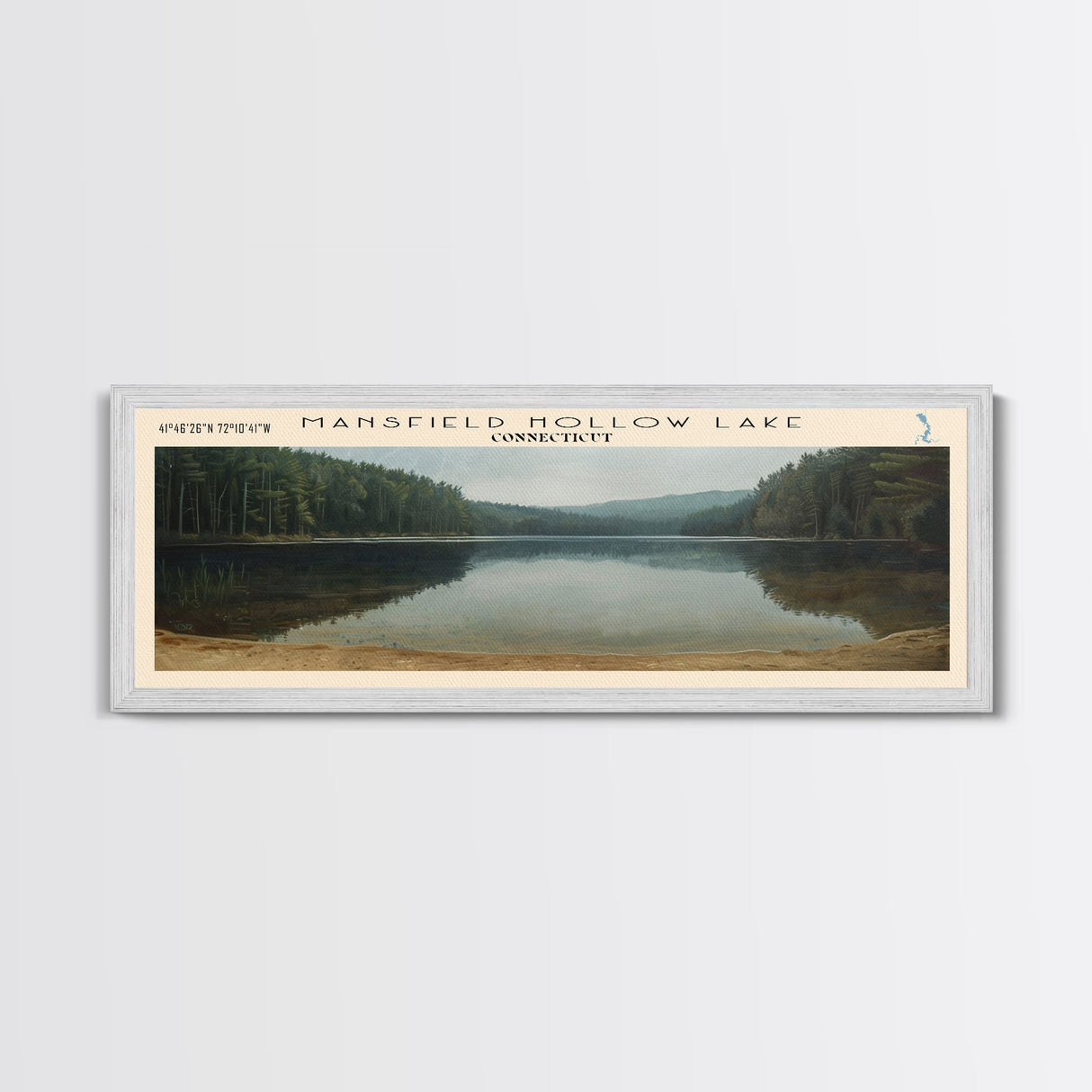 Mansfield Hollow Lake Connecticut Framed Canvas Print, Lake House Decor, Panoramic Wall Art, Travel Poster, Landscape Painting, Contemporary Art