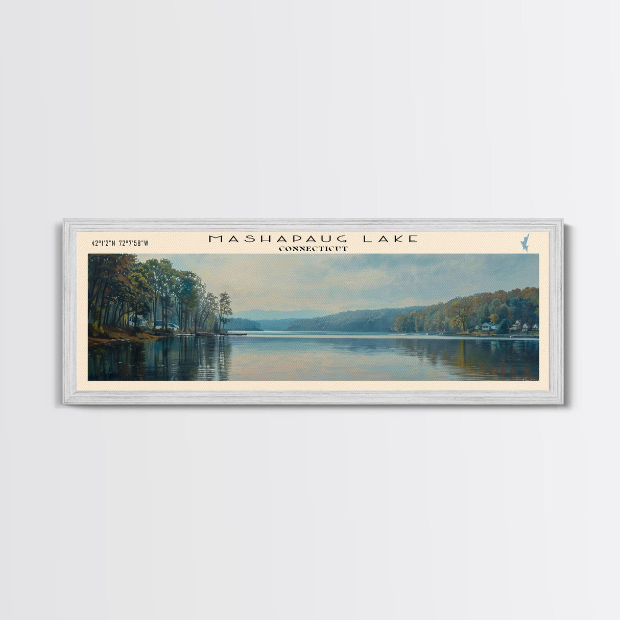 Mashapaug Lake Connecticut Framed Canvas Print, Lake House Decor, Panoramic Wall Art, Travel Poster, Beautiful Landscape Painting, Living Room Decor