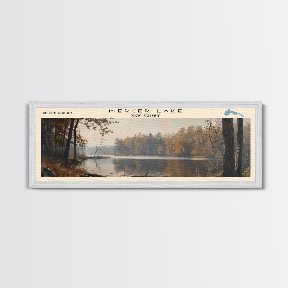 Mercer Lake New Jersey Framed Canvas Print, Lake House Decor, Panoramic Wall Art, Travel Poster, Landscape Painting, Bedroom Decor