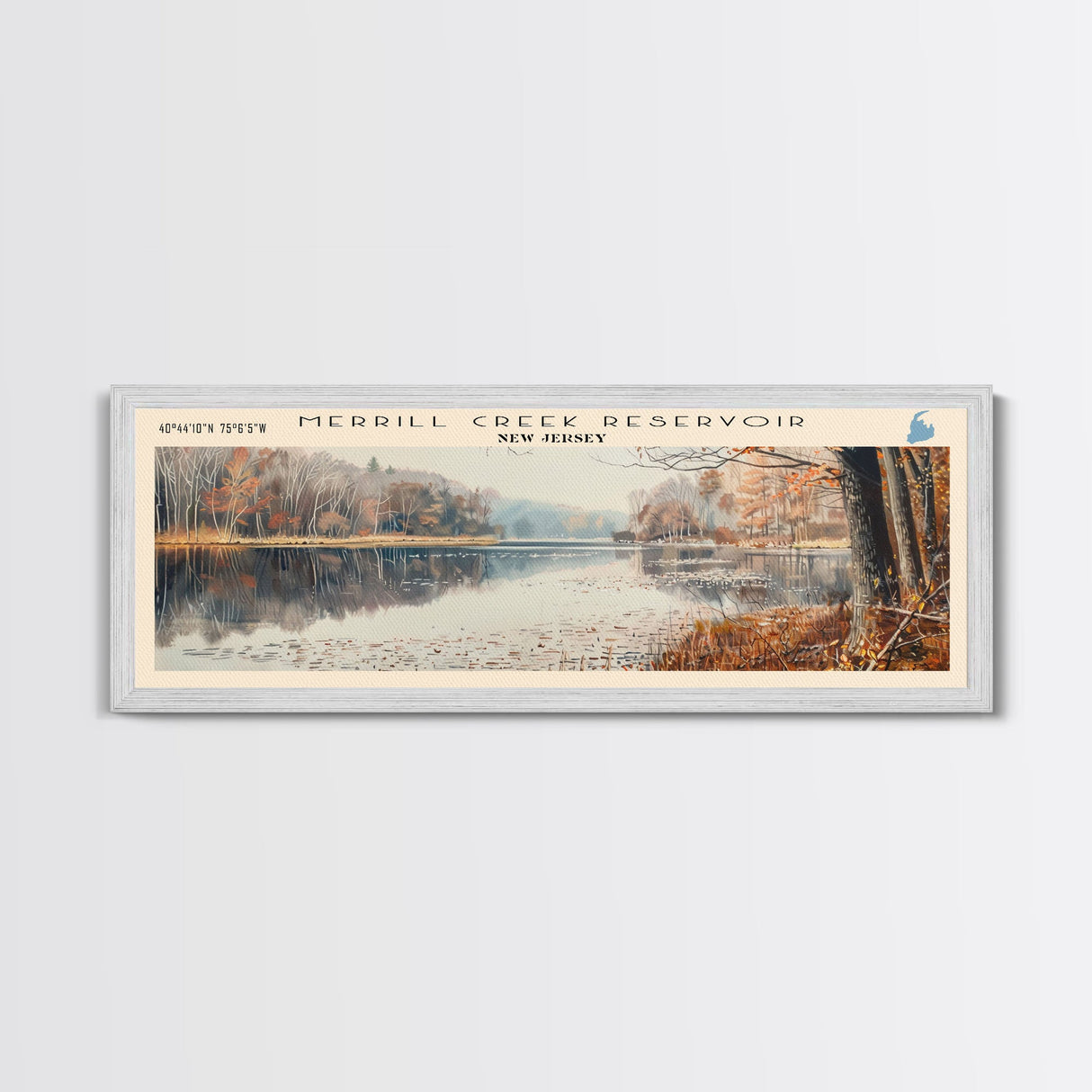 Merrill Creek Reservoir New Jersey Framed Canvas Print, Lake House Decor, Panoramic Wall Art, Travel Poster, Scenic Landscape Painting, Living Room Decor