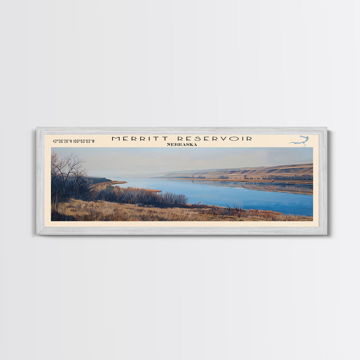 Merritt Reservoir Nebraska Framed Canvas Print, Lake House Decor, Panoramic Wall Art, Travel Poster, Beautiful Landscape Painting, Modern Art