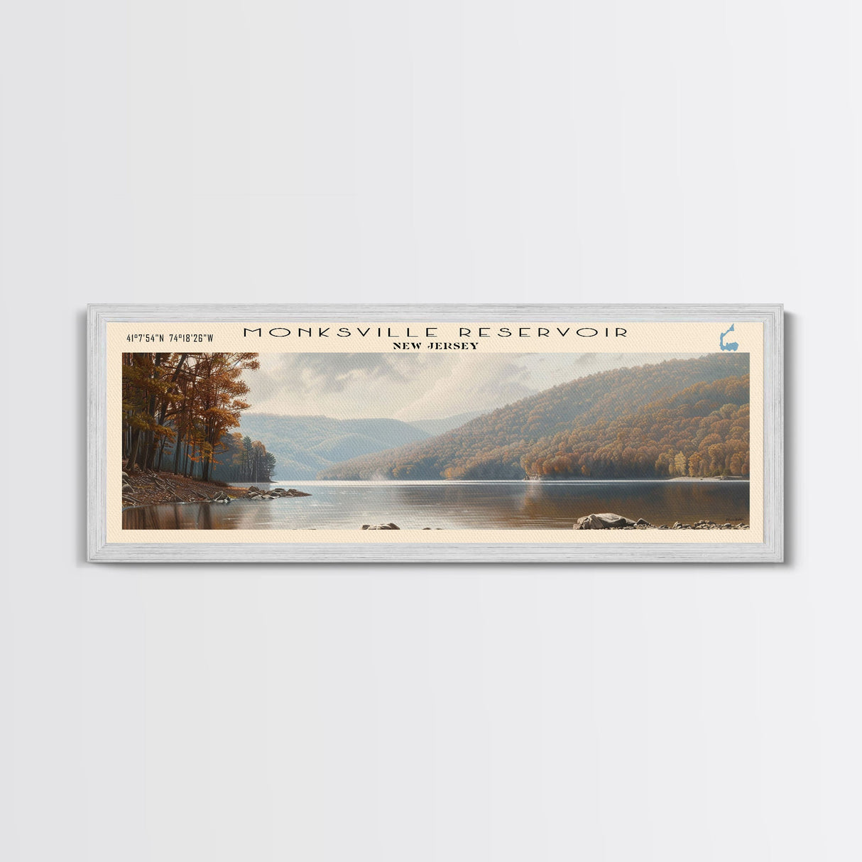 Monksville Reservoir New Jersey Framed Canvas Print, Lake House Decor, Panoramic Wall Art, Travel Poster, Landscape Painting, Bedroom Decor