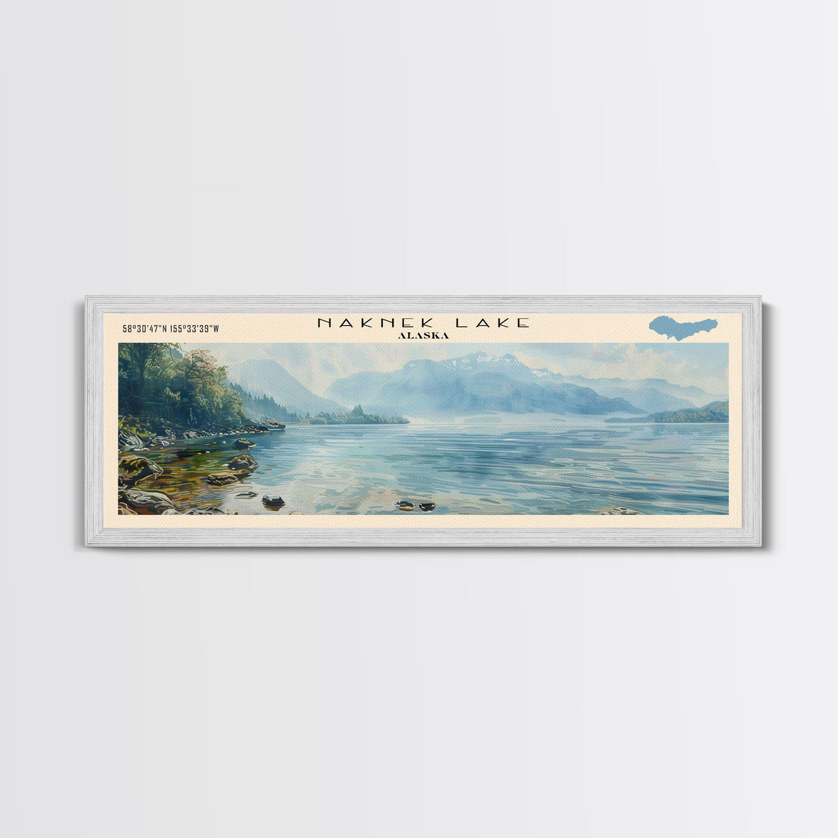 Nunavaugaluk Lake Framed Canvas Print, Lake House Decor, Panoramic Wall Art, Travel Poster, Landscape Painting, Bedroom Decor