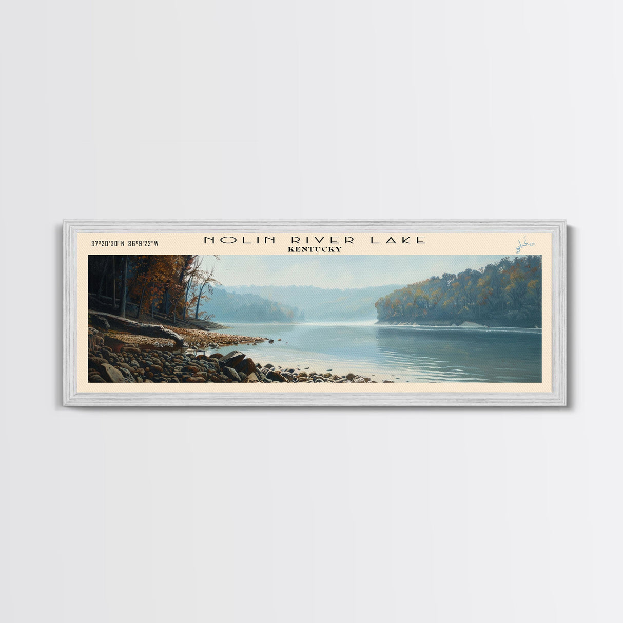 Nolin River Lake Kentucky Framed Canvas Print, Lake House Decor, Panoramic Wall Art, Travel Poster, Landscape Painting, Modern Art