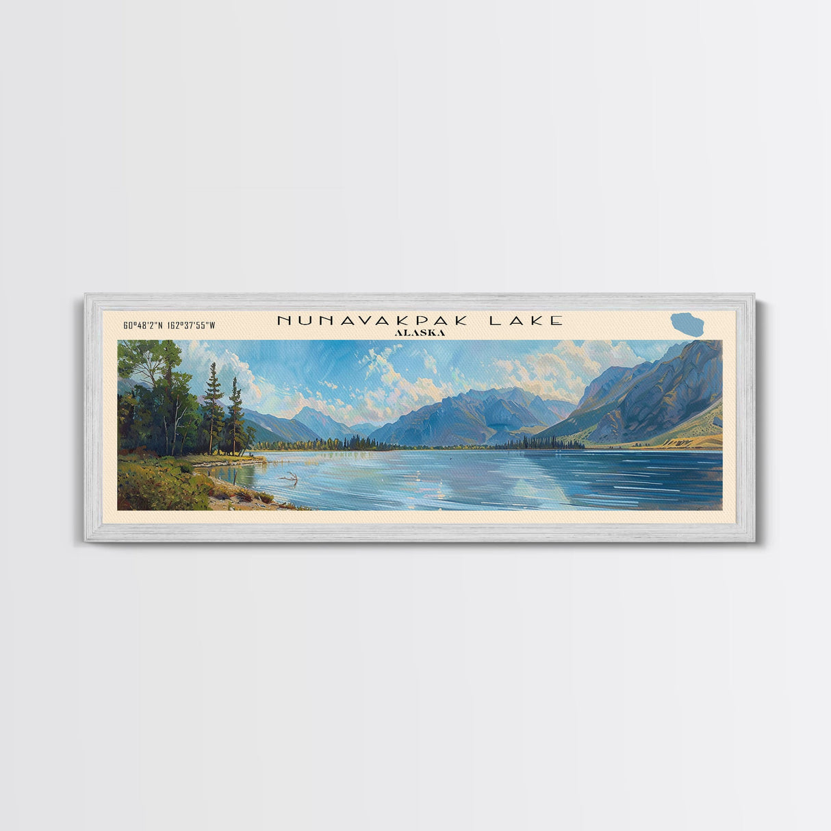 Nunavakpak Lake Framed Canvas Print, Lake House Decor, Panoramic Wall Art, Travel Poster, Scenic Landscape Painting, Contemporary Art