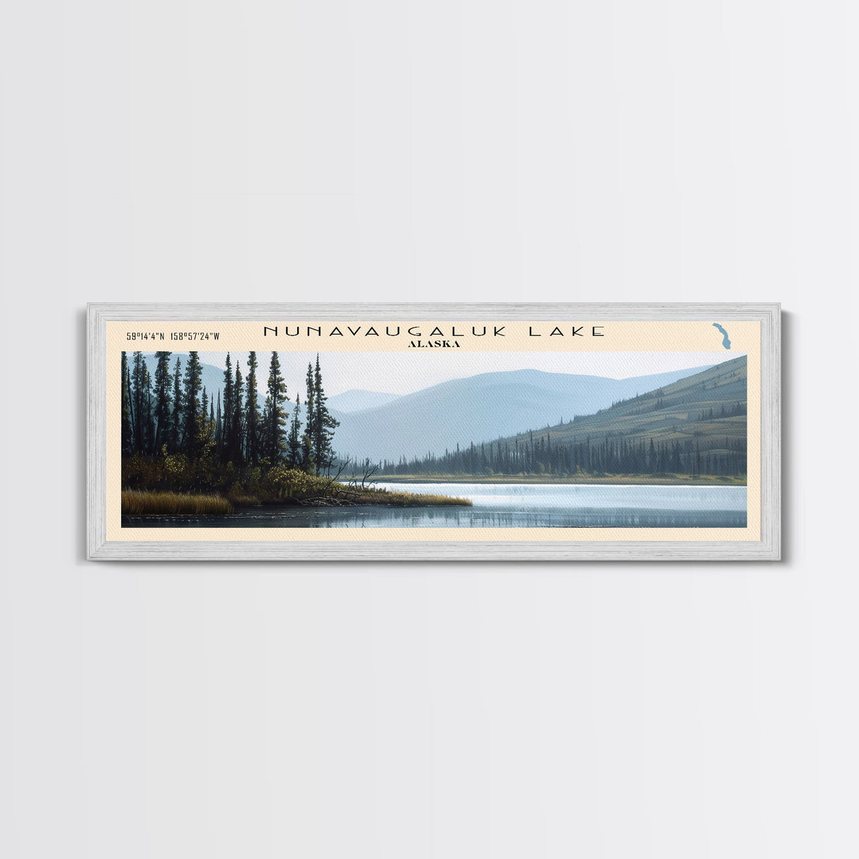 Nunavaugaluk Lake Framed Canvas Print, Lake House Decor, Panoramic Wall Art, Travel Poster, Landscape Painting, Bedroom Decor