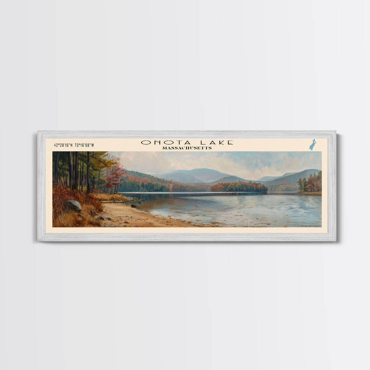 Onota Lake Massachusetts Framed Canvas Print, Lake House Decor, Panoramic Wall Art, Travel Poster, Landscape Painting, Modern Art