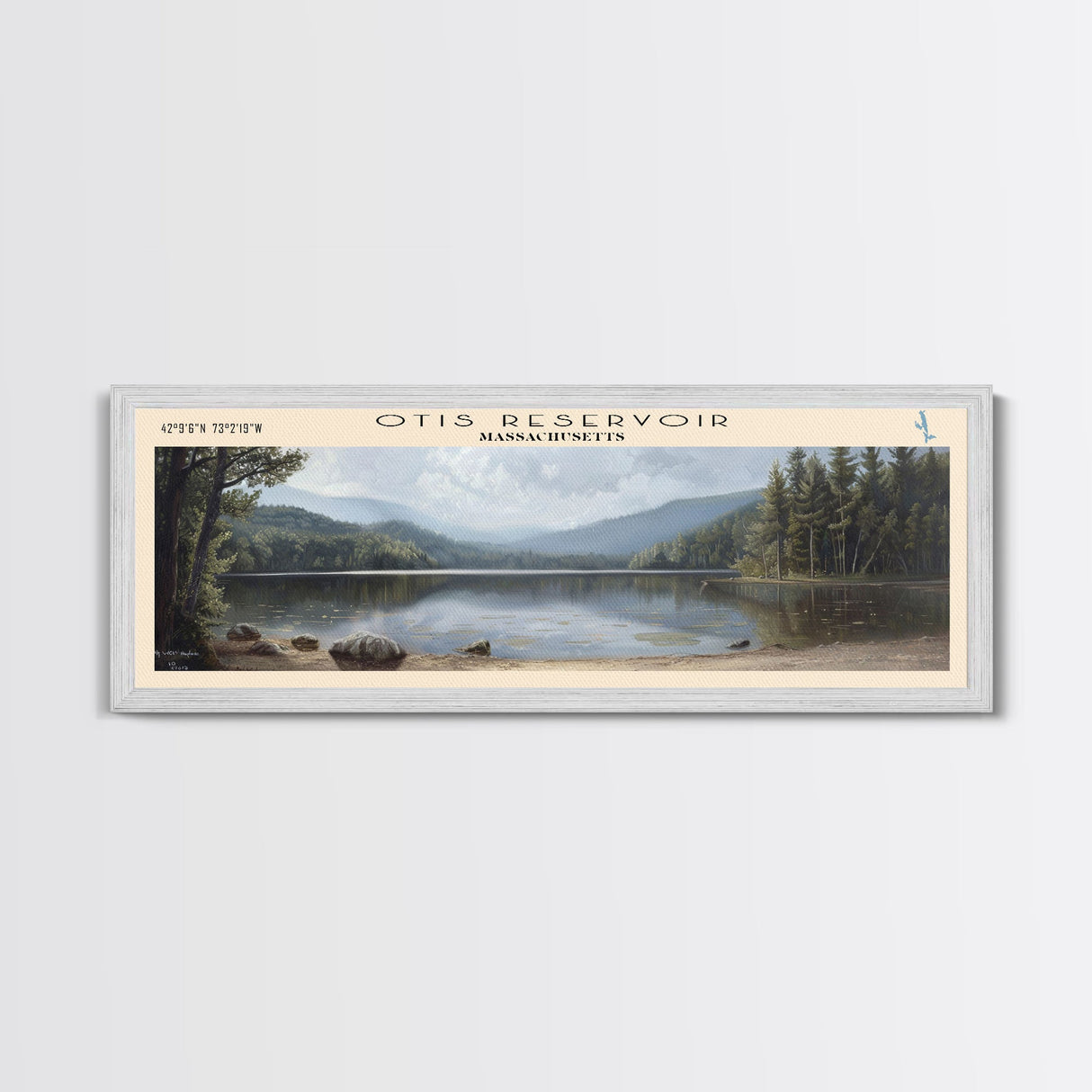 Otis Reservoir Massachusetts Framed Canvas Print, Lake House Decor, Panoramic Wall Art, Travel Poster, Landscape Painting, Bedroom Decor