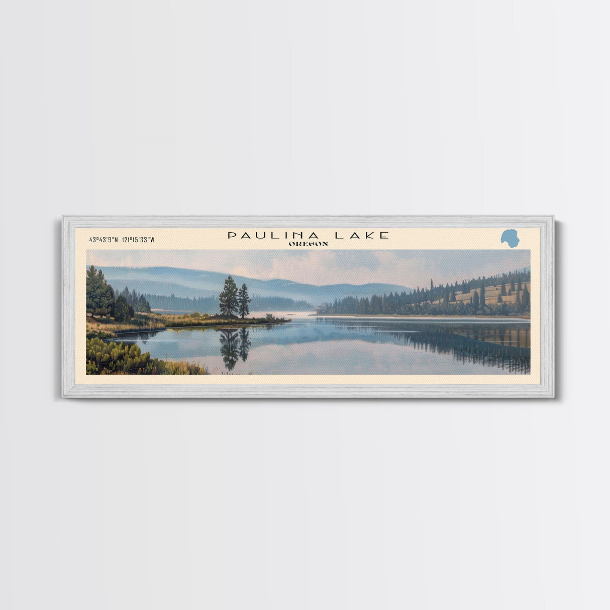 Paulina Lake Oregon Framed Canvas Print, Lake House Decor, Panoramic Travel Poster, Landscape Painting, Bedroom Decor