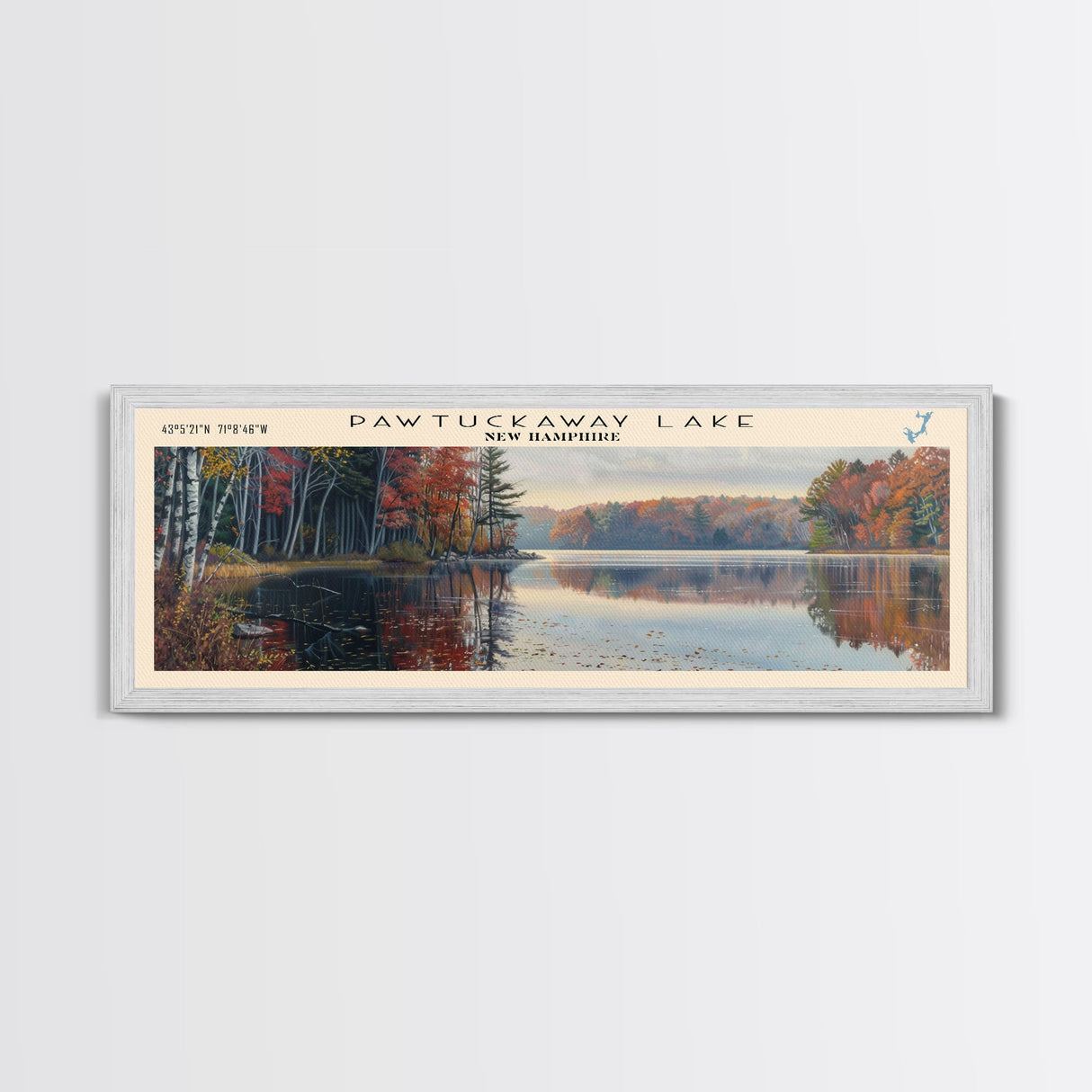 Pawtuckaway Lake New Hampshire Framed Canvas Print, Lake House Decor, Panoramic Wall Art, Travel Poster, Beautiful Landscape Painting, Living Room Decor