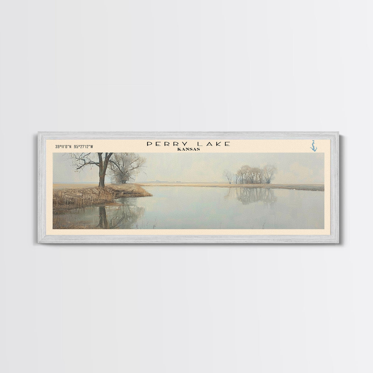 Perry Lake Kansas Framed Canvas Print, Lake House Decor, Panoramic Wall Art, Travel Poster, Beautiful Landscape Painting, Living Room Decor