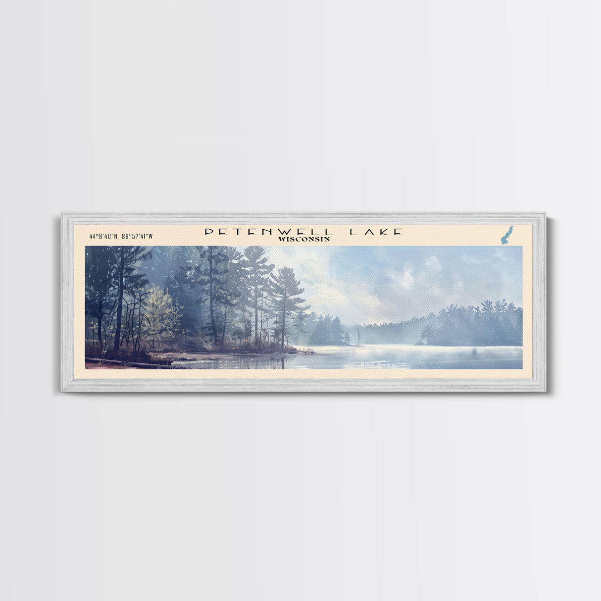 Petenwell Lake Wisconsin Framed Canvas Print, Lake House Decor, Panoramic Travel Poster, Landscape Painting, Modern Art