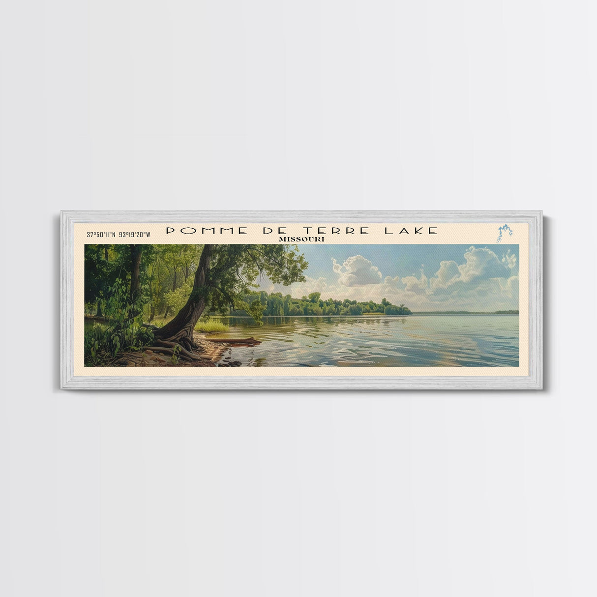 Rathbun Lake Iowa Framed Canvas Print, Lake House Decor, Panoramic Wall Art, Travel Poster, Beautiful Landscape Painting, Living Room Decor