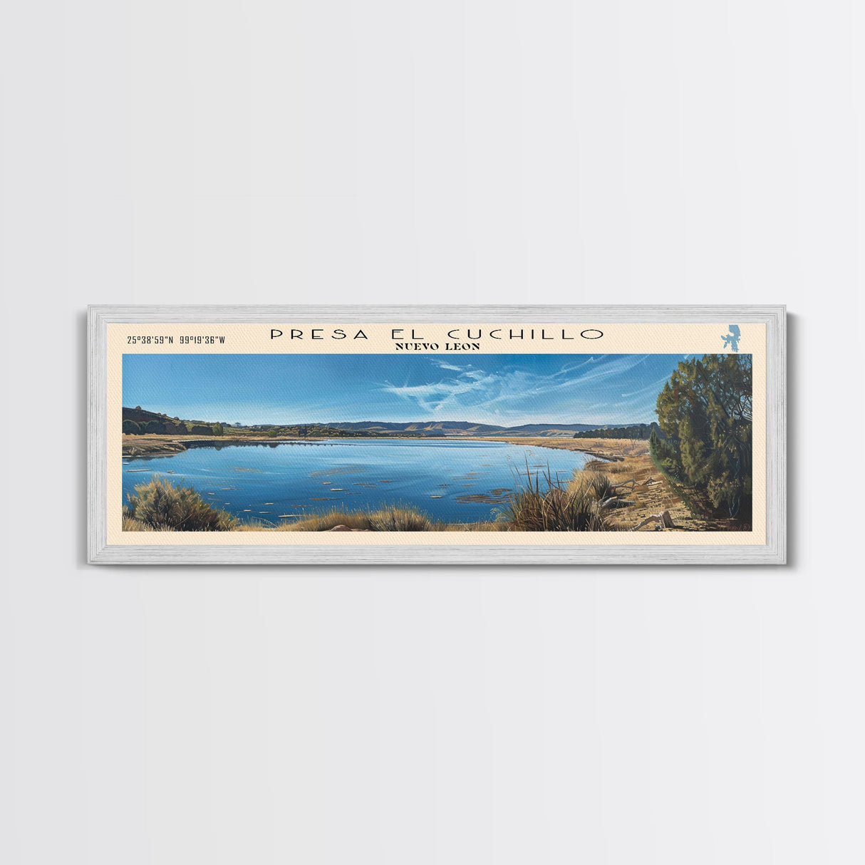 Presa El Cuchillo Lake Framed Canvas Print, Lake House Decor, Panoramic Wall Art, Travel Poster, Beautiful Landscape Painting, Contemporary Art