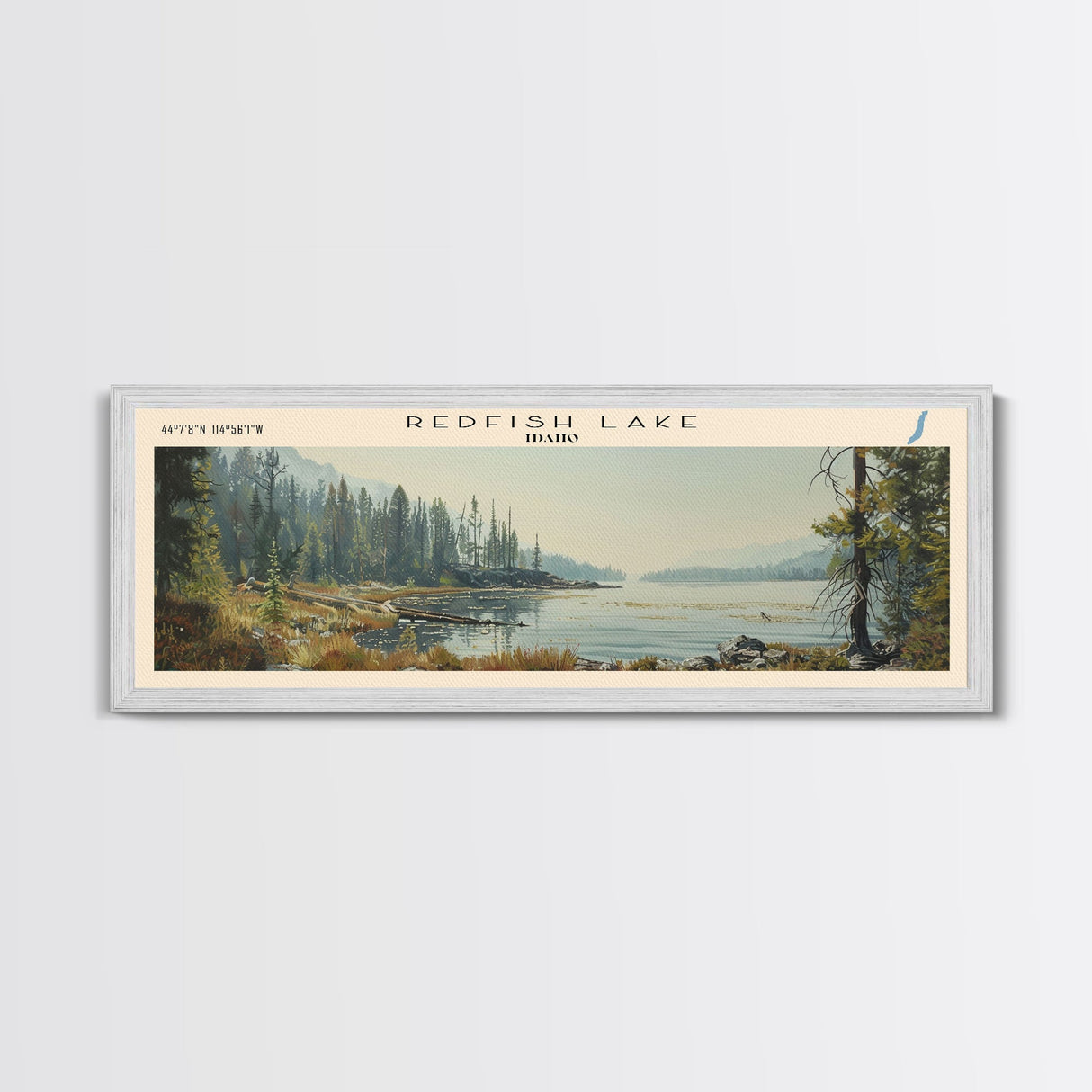 Redfish Lake Idaho Framed Canvas Print, Lake House Decor, Panoramic Wall Art, Travel Poster, Beautiful Landscape Painting, Living Room Decor