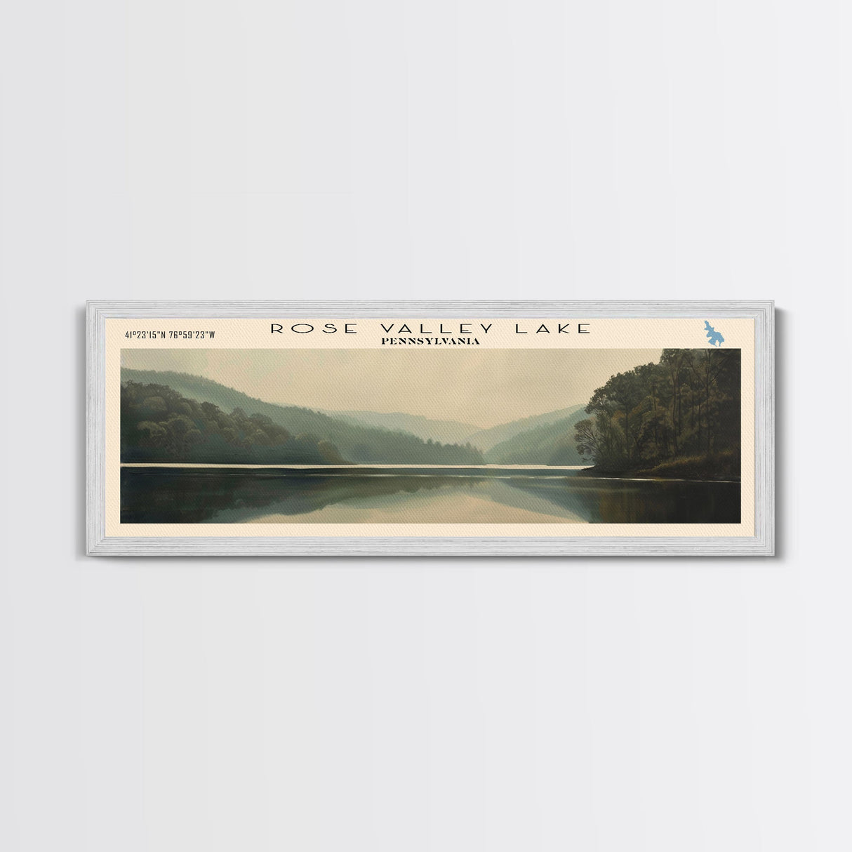 Rose Valley Lake Pennsylvania Framed Canvas Print, Lake House Decor, Panoramic Wall Art, Travel Poster, Beautiful Landscape Painting, Contemporary Art