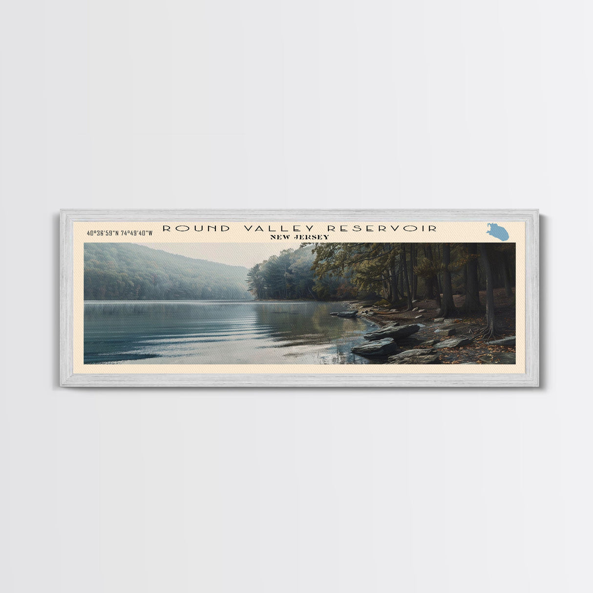 Round Valley Reservoir New Jersey Framed Canvas Print, Lake House Decor, Panoramic Wall Art, Travel Poster, Tranquil Landscape, Modern Art